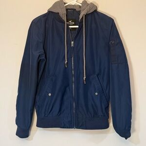 Hollister Men's Navy Bomber Jacket with Gray Hood